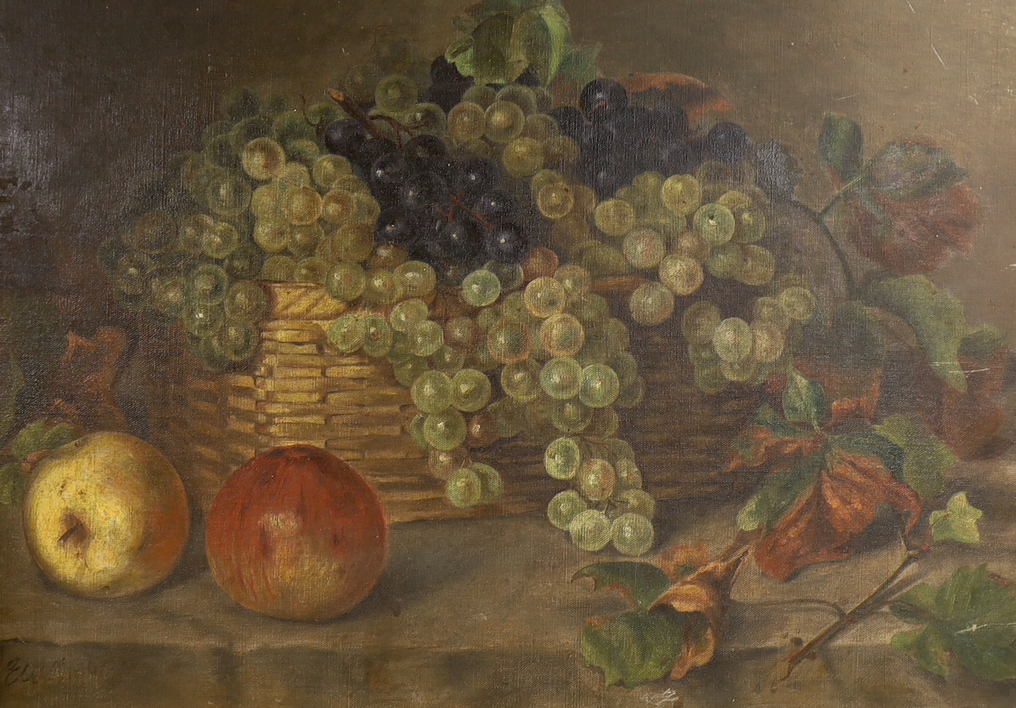 Late 19th / early 20th century, English School, oil on canvas, Still life of fruit, indistinctly signed lower left, 35 x 51cm, unframed